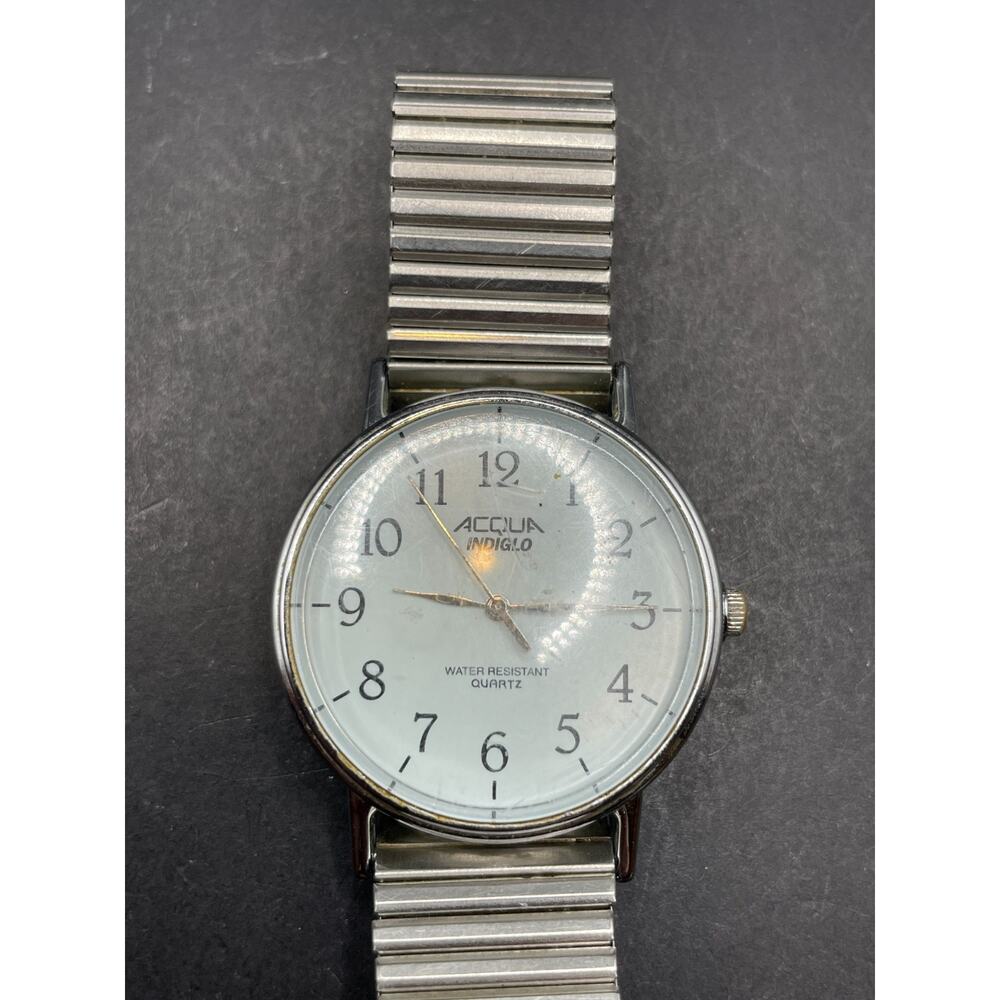 Vintage Acqua Indiglo Easy Reader Quartz Watch Silver Tone Stretch Band 34mm